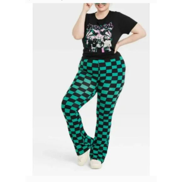 465 Women's Teal & Black Checkerboard Flare Pants Stretch High-Rise Retro Style - Picture 1 of 5